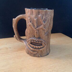 Vintage 3D brown tree trunk mug w/ open mouth & teeth, animated forest friends